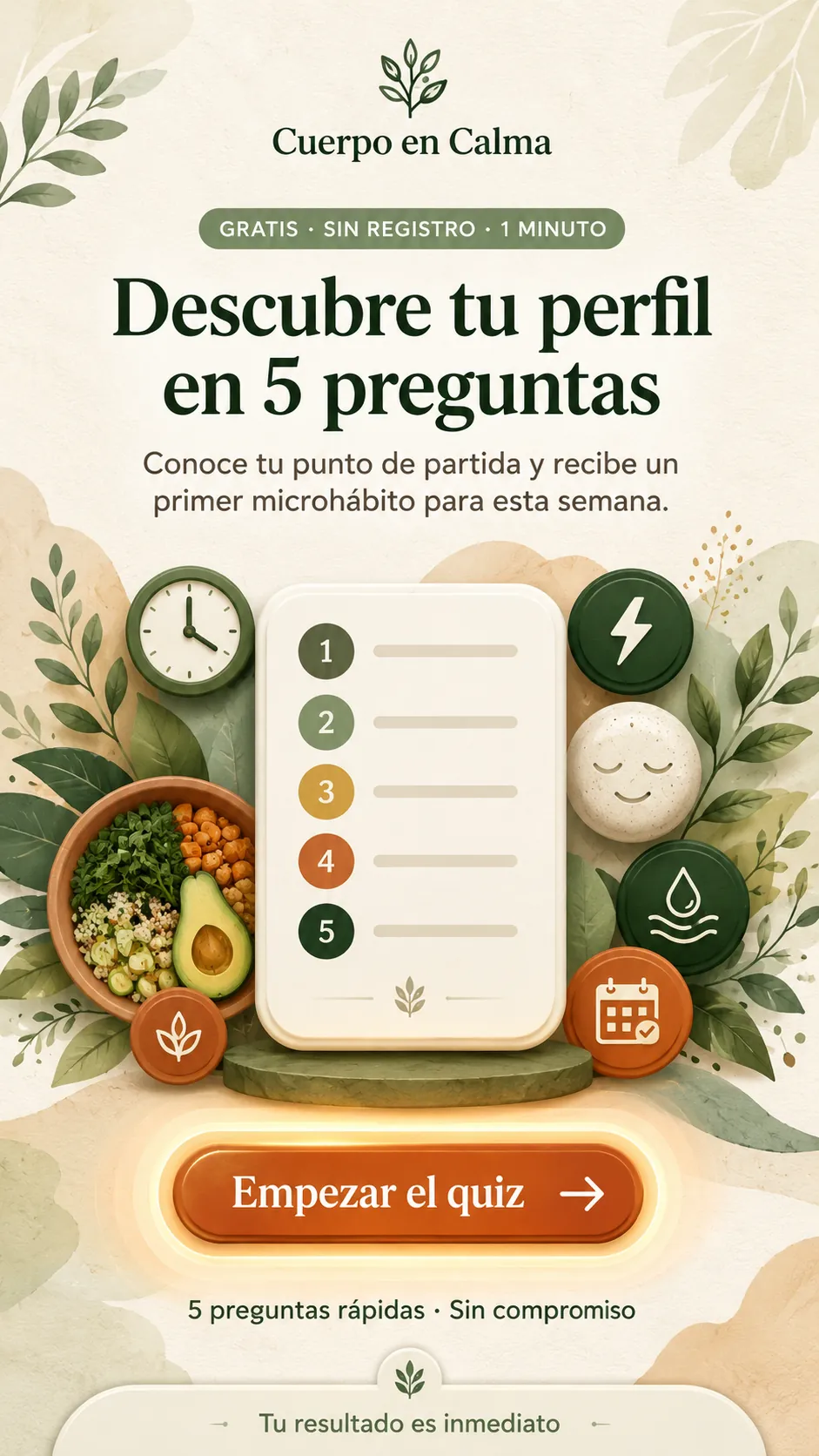 Descubre tu perfil en 5 preguntas — Cuerpo en Calma. Gratis, sin registro, 1 minuto.