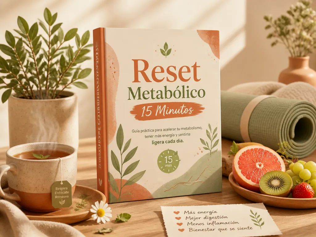 Ilustración cálida del ebook Reset Metabólico 15 Minutos junto a una taza de té, frutas y una planta